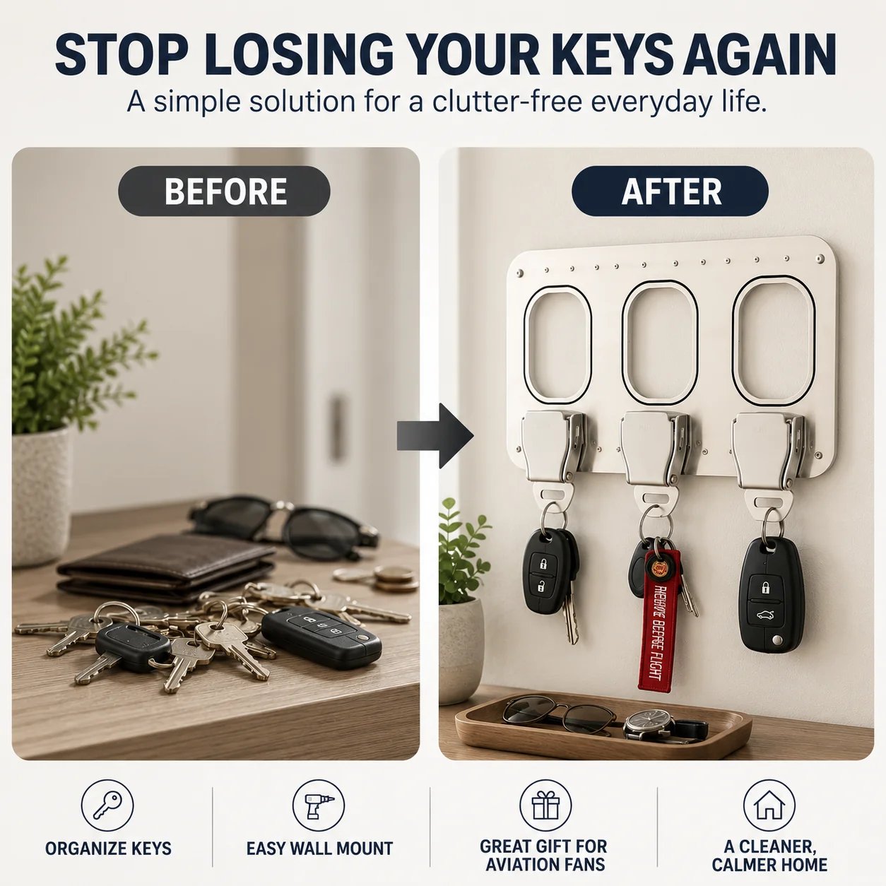 ✈️ Aviation Style Key Holder – Buckle-Inspired Wall Mounted Key Organizer for Entryway & Home