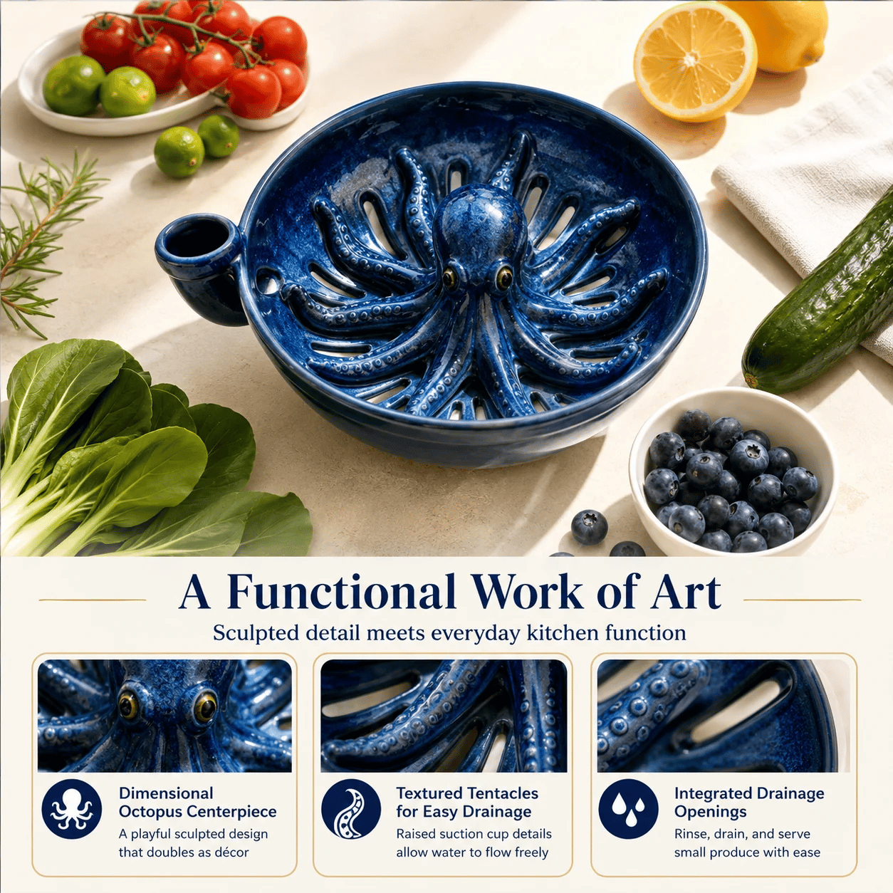 Bold Indigo Octopus Berry Colander