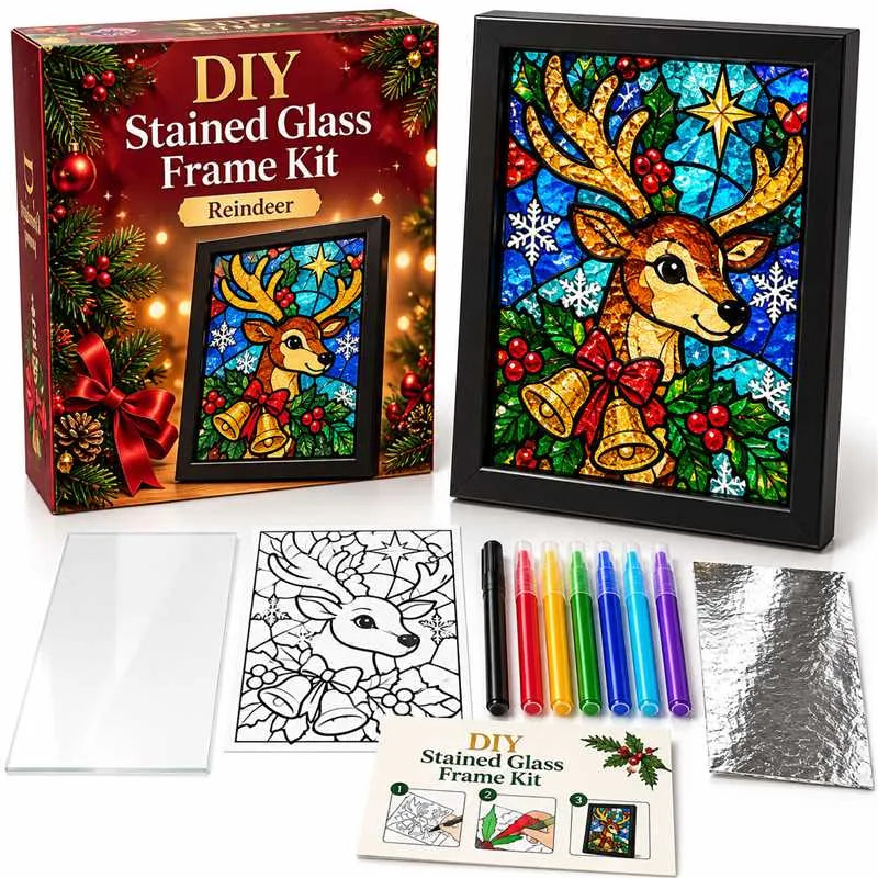 ⏳ Last Day 49% OFF – 🎄Beginner-Friendly Christmas Stained Glass-Style Frame Kit | 8 Festive Designs with Pens, Foil & Frame ✨