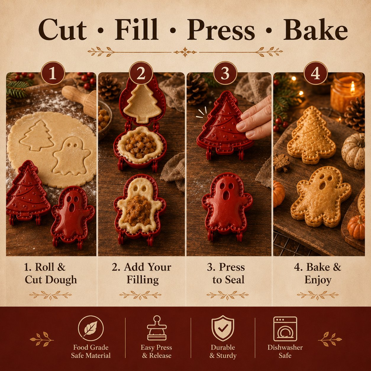 🎃🎄16 Festive Designs • Easy Hand-Press Molds • Perfect for Cookies, Mini Pies & Stuffed Pastries 🥧 Press, Fill & Bake Your Way Through the Holidays 😋