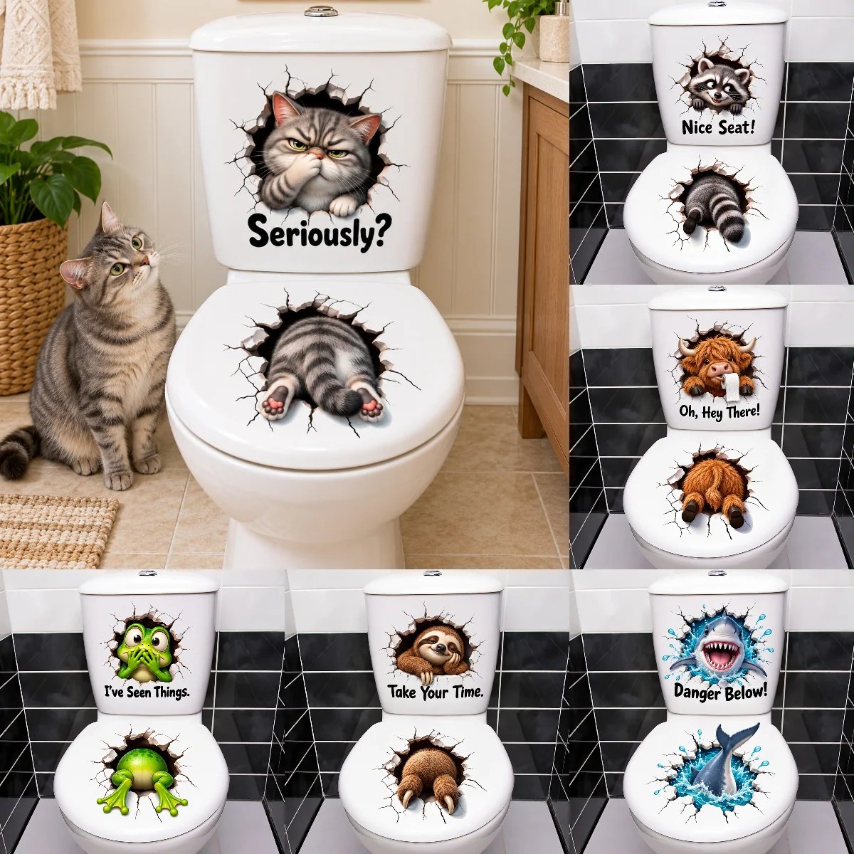 😂 Bathroom Buddies – Funny 3D Illusion Toilet Sticker Set | Removable 3D Illusion Stickers for Funny Bathroom Decor & Gag Gifts 🦝