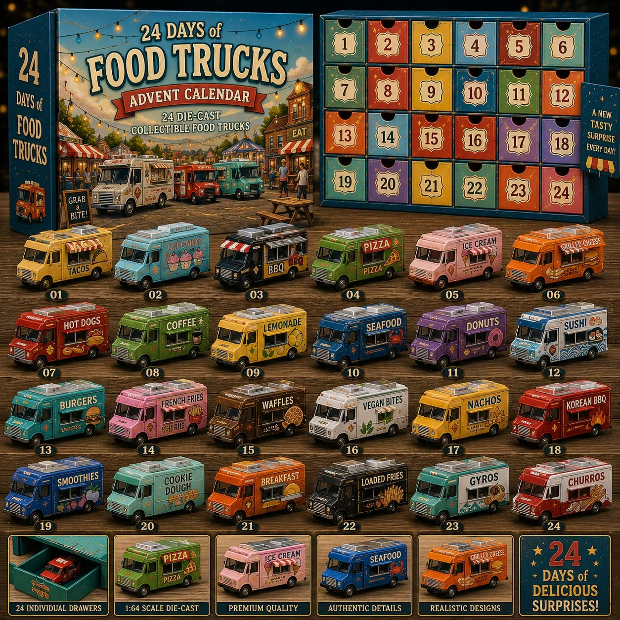 ⏰Limited Time 50% OFF：24 Days of Food Trucks Advent Calendar – 24 Collectible Miniature Vehicles