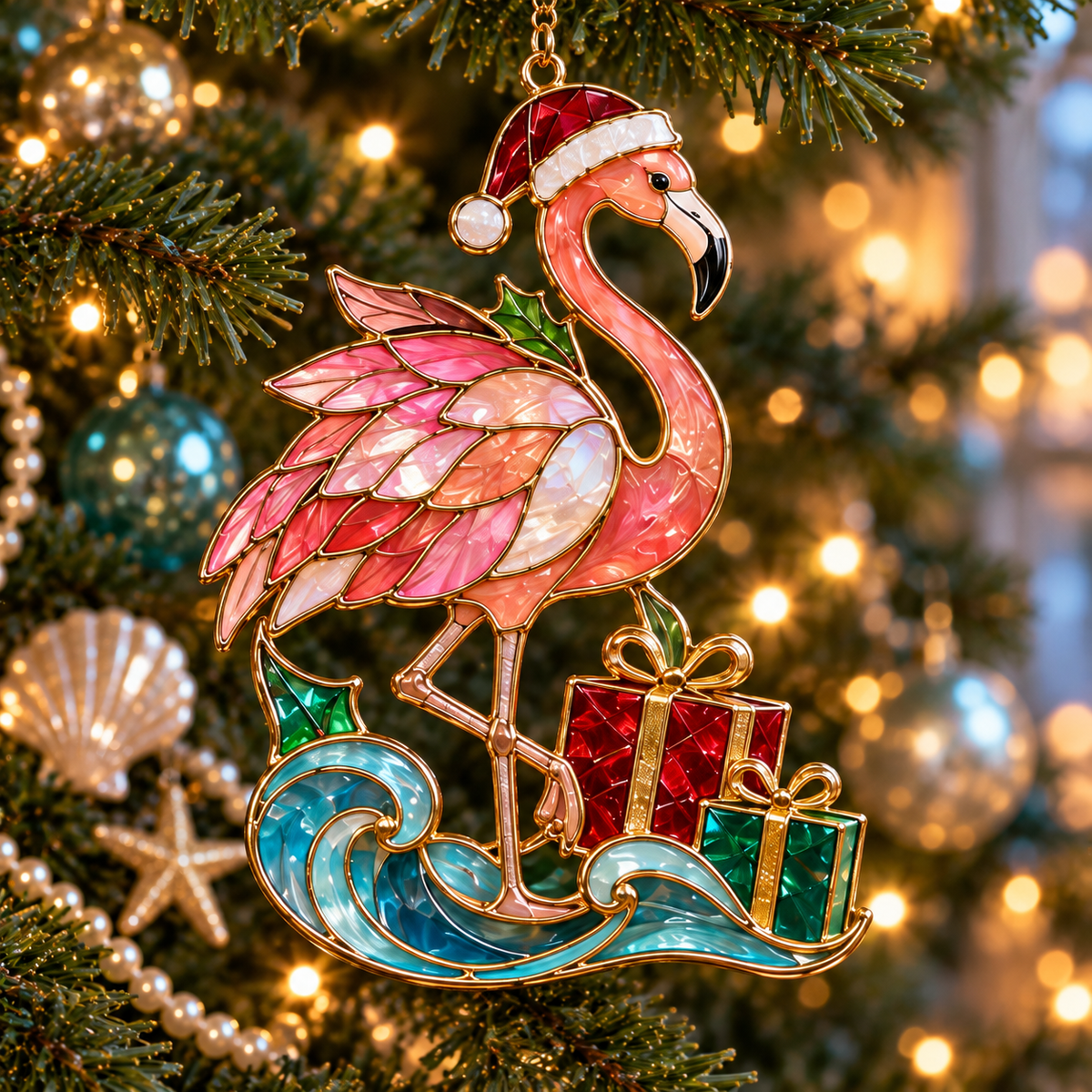 Coastal Christmas Flamingo Ornaments – Vintage Stained-Glass Style, 6-Piece Set