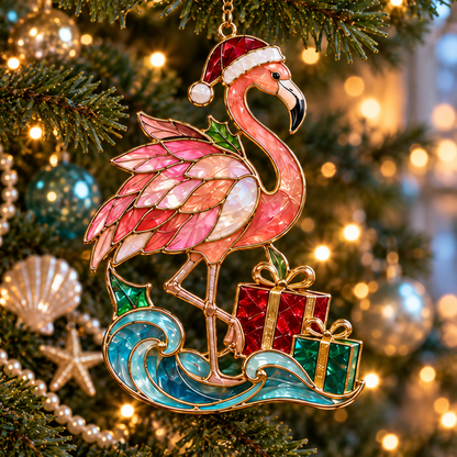 Coastal Christmas Flamingo Ornaments – Vintage Stained-Glass Style, 6-Piece Set
