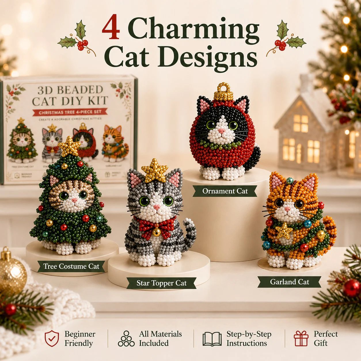 💥🏆Create Your Own 3D Beaded Christmas Cats | Beginner-Friendly DIY Kit🎁