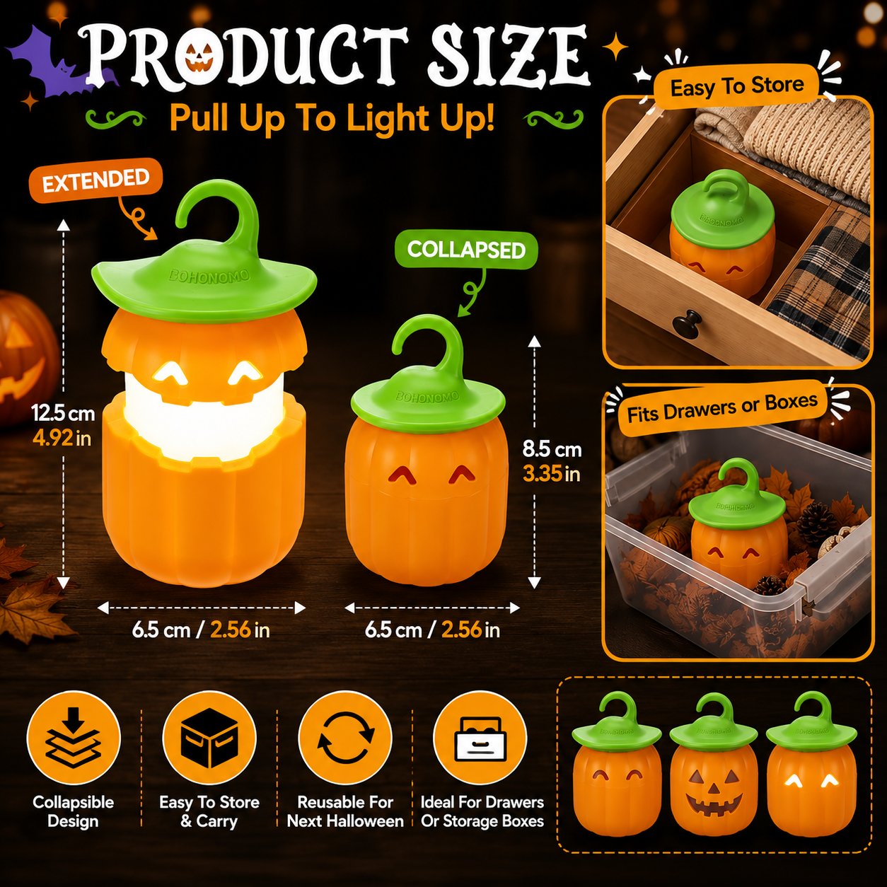 ⏳ Last Day 49% OFF – 🎃 Halloween Pull-Up Light-Up Lantern Collection | Collapsible Character Design with Glowing Center, Carry Loop & Compact Telescoping Body 👻✨