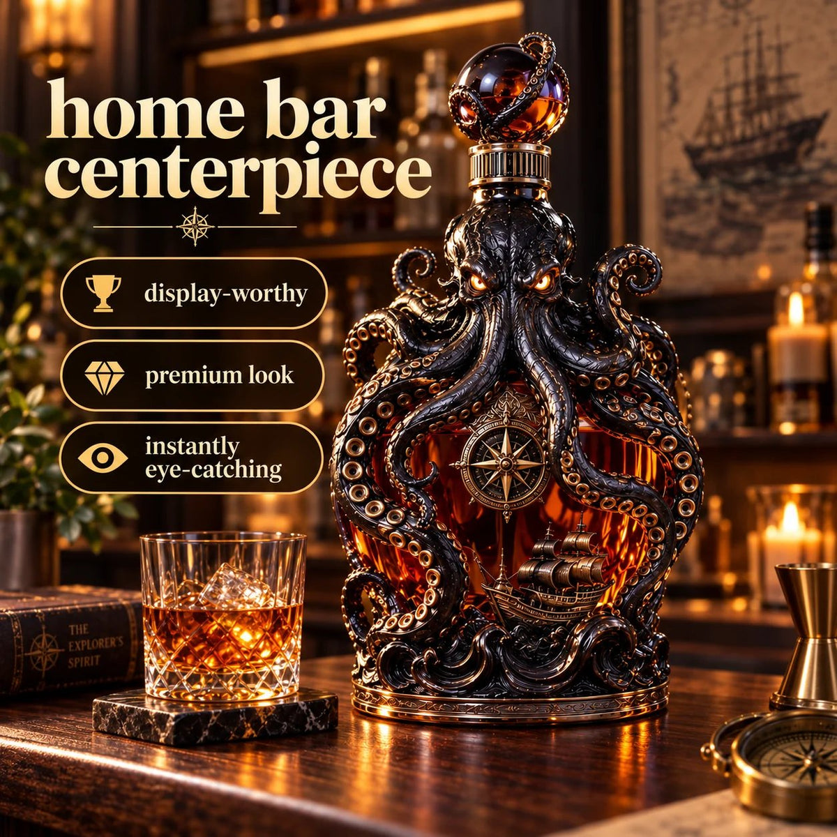 🐙 Dark Abyss Kraken Decanter | Sculpted Nautical Collector Bottle