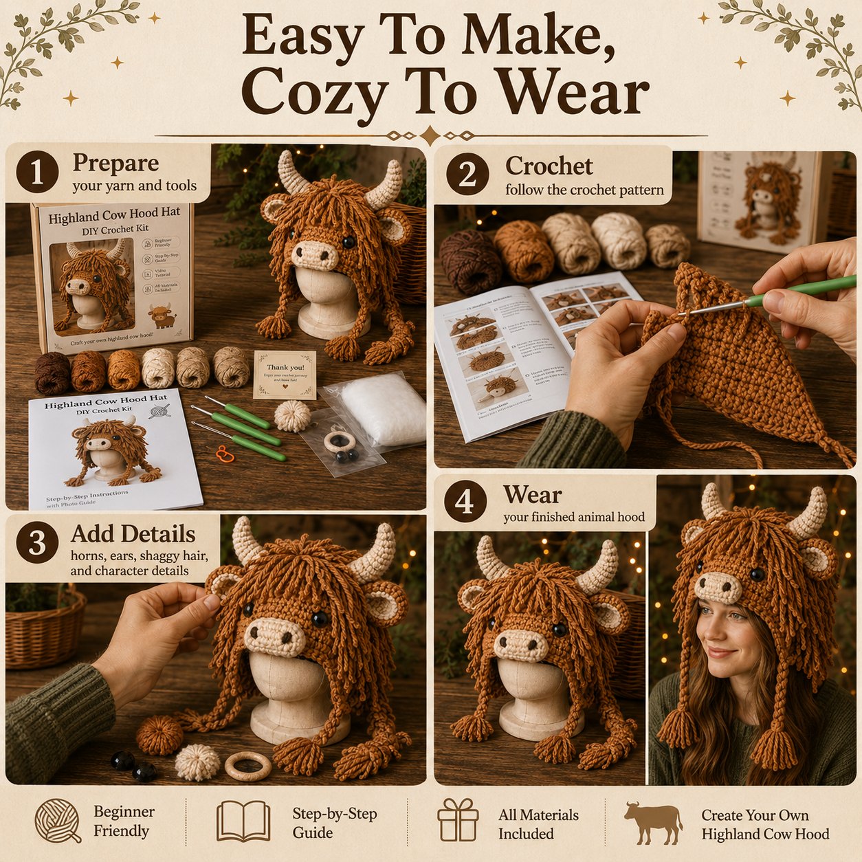 🔥 LAST DAY 49% OFF – 🐾✨ Animal Hood Hat DIY Crochet Kit | Premium Soft Yarn Materials with Step-by-Step Guide DIY Handmade Wearable Animal Character Hood 🧶🎭✨