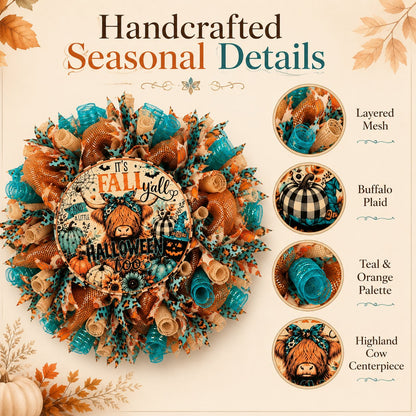 🐮🍂 Highland Cow Fall Halloween Wreath – Cozy Autumn Front Door Decor with Teal & Orange Buffalo Plaid Design for Thanksgiving, Harvest & Spooky Season 🚪🎁