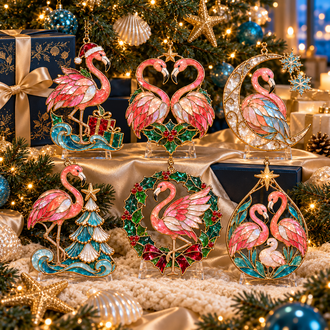 Flamingo ornament styled for Christmas décor