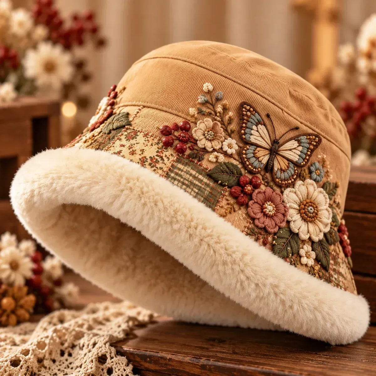 🌸 Women's comfortable soft-lined winter fisherman hat - floral and animal themed