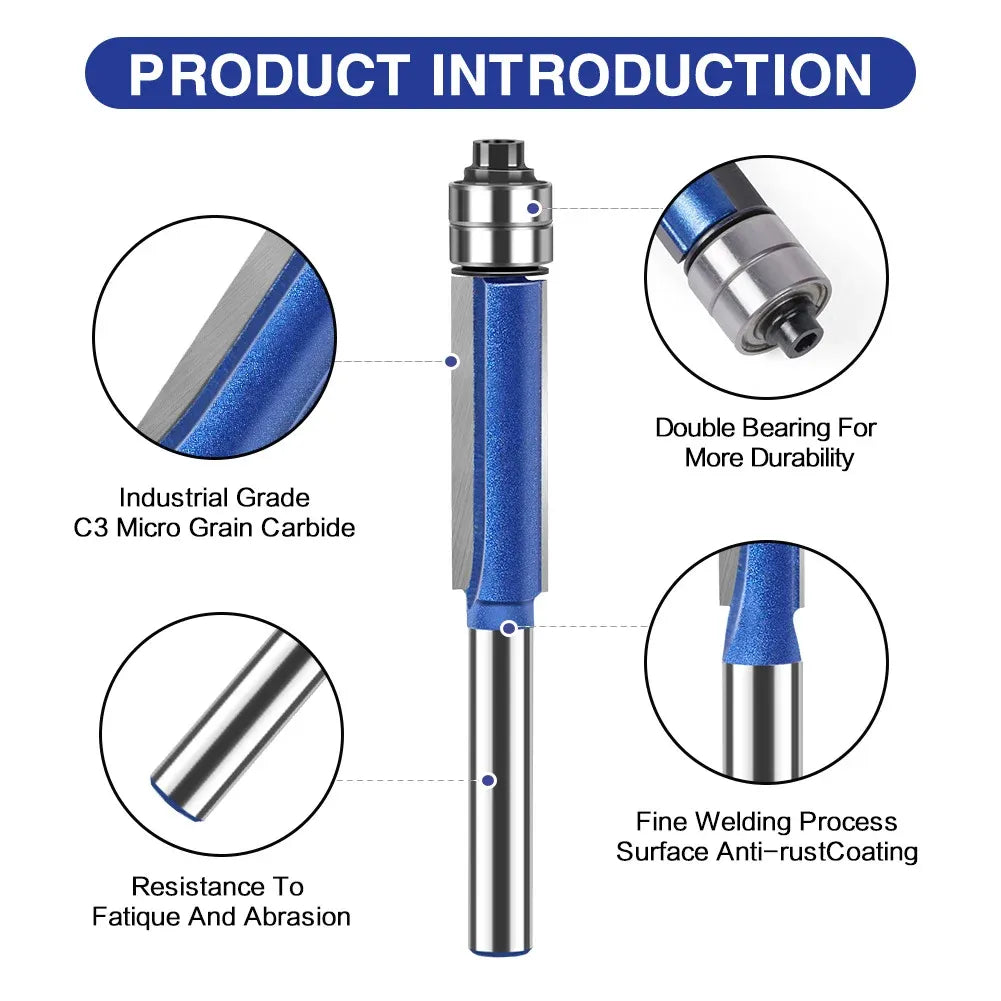 4 Piece Dual Bearing Flush Trim Router Bit Set, 1/4 Inch Shank Edge Trimming Tool for Woodworking, Deburring & Polishing