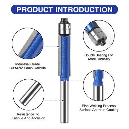 4 Piece Dual Bearing Flush Trim Router Bit Set, 1/4 Inch Shank Edge Trimming Tool for Woodworking, Deburring & Polishing
