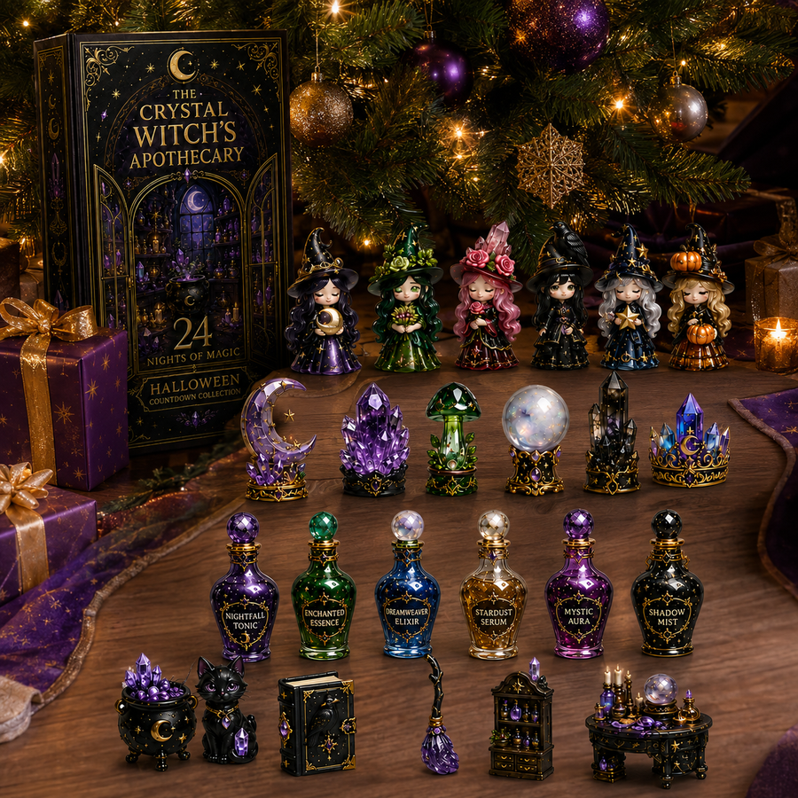 Crystal Witch collection displayed beside Christmas tree