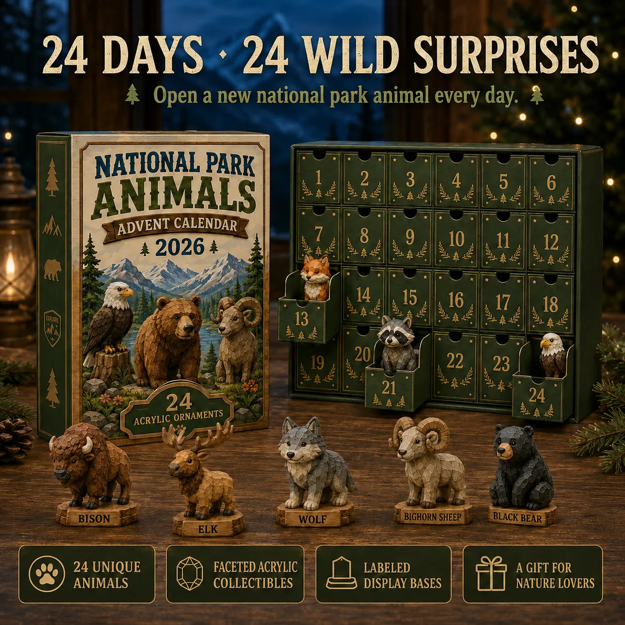 🐾 LAST DAY 49% OFF – 24 Days of National Park Wildlife Advent Calendar | 24 Unique Animal Collectibles Featuring Bison, Bears, Wolves, Eagles & More Wild Discoveries 🎄🏞️