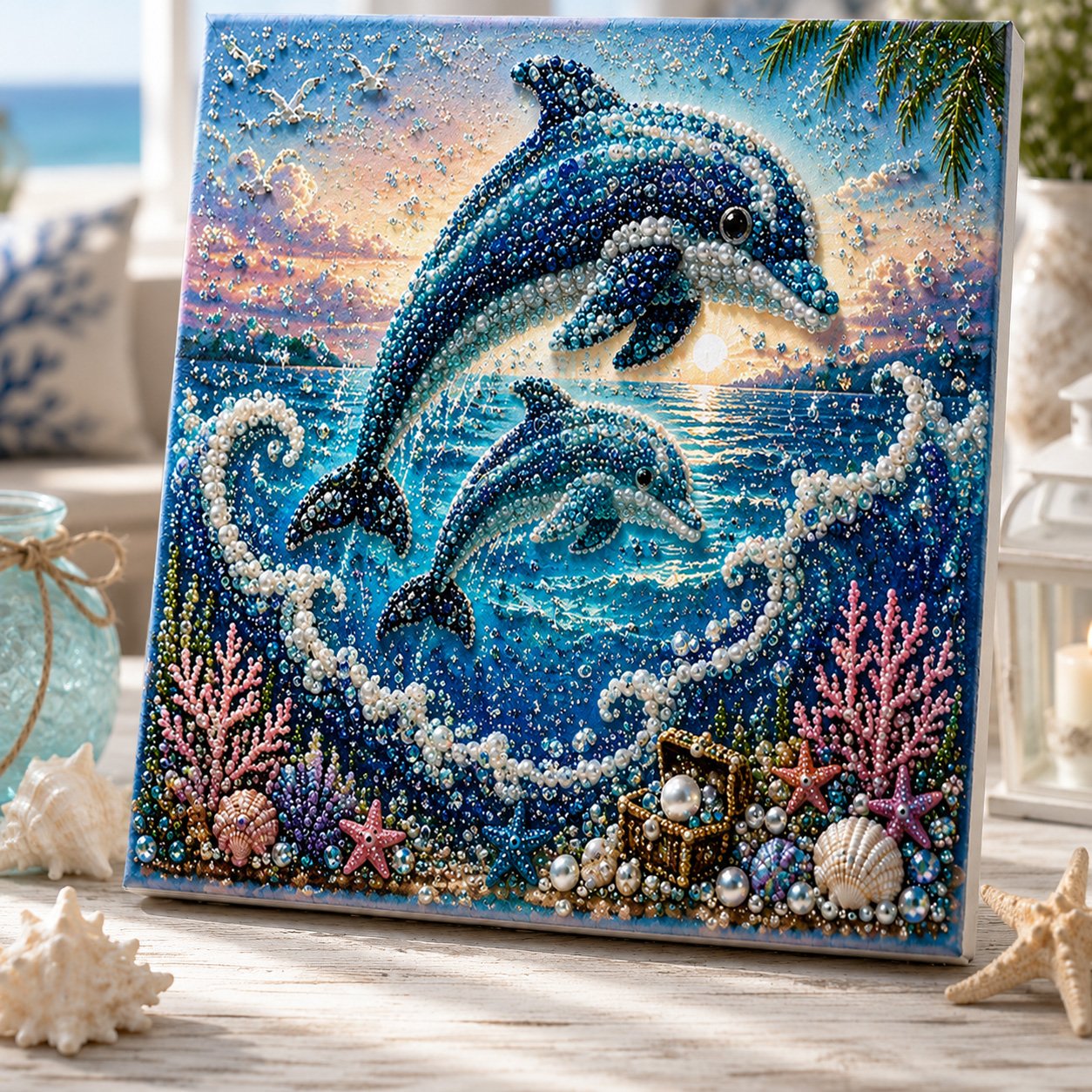 🌊🐚 Premium 3D Pearl Ocean Wall Art Kit | Luxury Flocked Canvas with Scratch-Resistant Non-Fading Pearl Beads DIY Coastal Decor – Buy 2 Free Shipping 📦✨