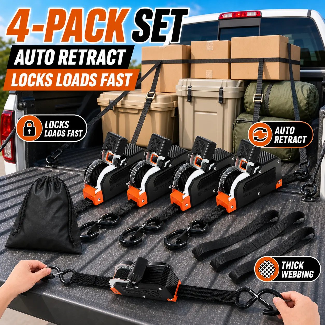 ⏰Limited Stock 60% OFF 🚜 Dual-End Retractable Tie-Down Ratcheting Straps, Large Locking S Hooks for Motorcycle, ATV, Truck