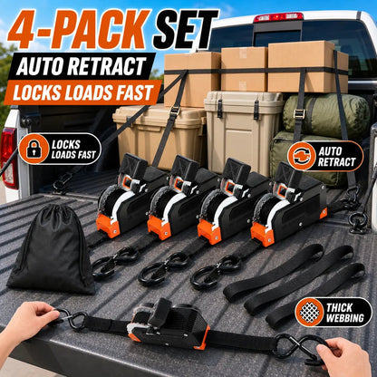 ⏰Limited Stock 60% OFF 🚜 Dual-End Retractable Tie-Down Ratcheting Straps, Large Locking S Hooks for Motorcycle, ATV, Truck