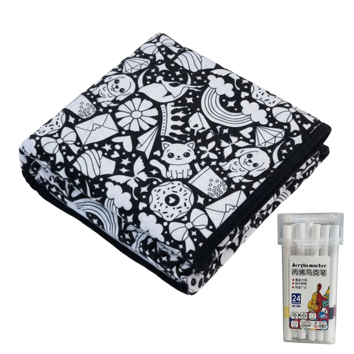 🎨 Fuzzy Velvet Coloring Blanket with 24 Markers | 8 Designs