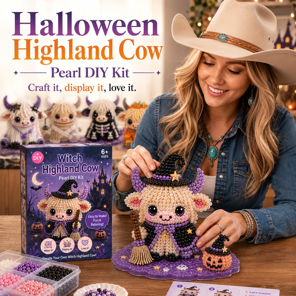 ⏳ Last Day 49% OFF – 🎃 Beginner-Friendly Halloween Highland Cow 3D Pearl Bead DIY Kit | Complete Kit with All Tools & Step-by-Step Guide Included 💕