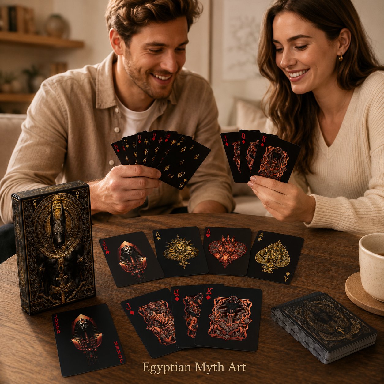 Black‑Gold Egyptian Themed Playing Cards – 300g Blue-Core Deck