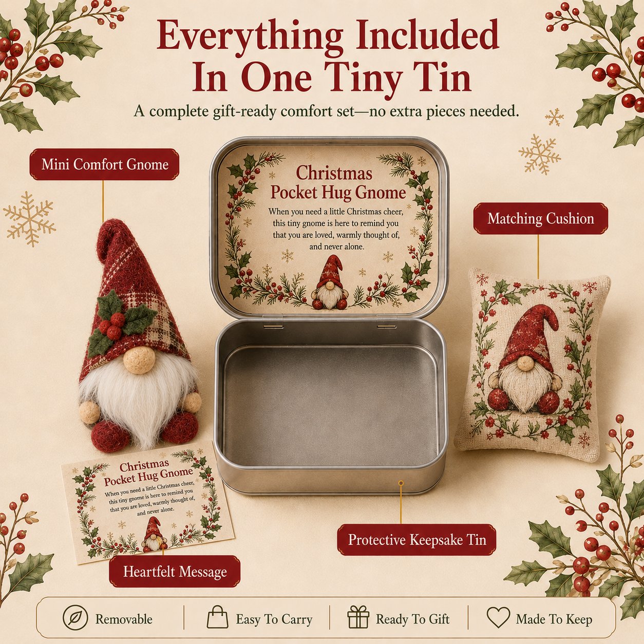🔥 LAST DAY 49% OFF – 💌 Pocket Hug Gnome Comfort Gift Tin | Mini Plush Keepsake with Heartfelt Message, Matching Cushion & Protective Metal Case 🧸✨