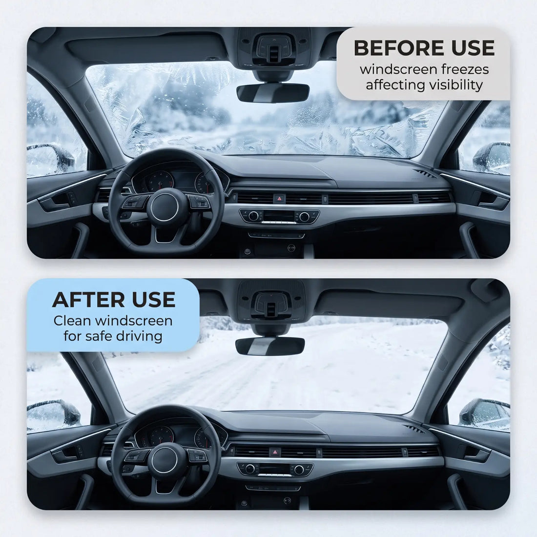 Comparison between frozen windshield and clean windshield after using a cover
