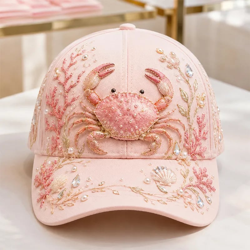 🌊 3D Ocean Creatures Embroidery Cap | Pearl & Crystal Adjustable Hat for Beach, Travel & Everyday Wear