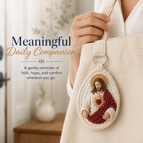 🙏 Handmade Marian Crochet Keychain Keepsake | Soft Blue-and-White Yarn, Raised Oval Crochet Frame & Metal Split Ring 💙✨