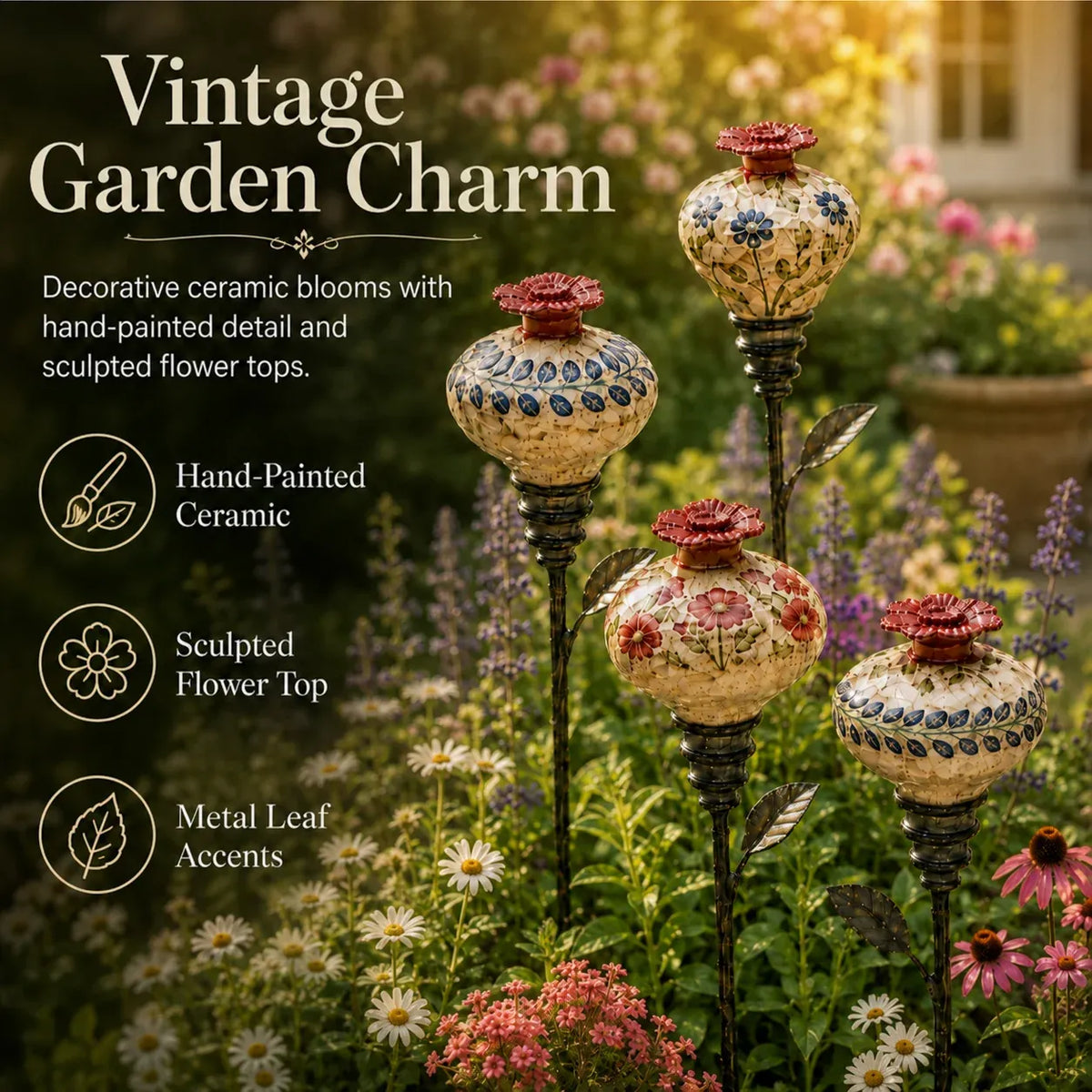 🔥LAST DAY SALE 60% OFF 🌺 Vintage Ceramic Hummingbird Feeder Garden Stake — Handcrafted Floral Bird Feeder Decoration