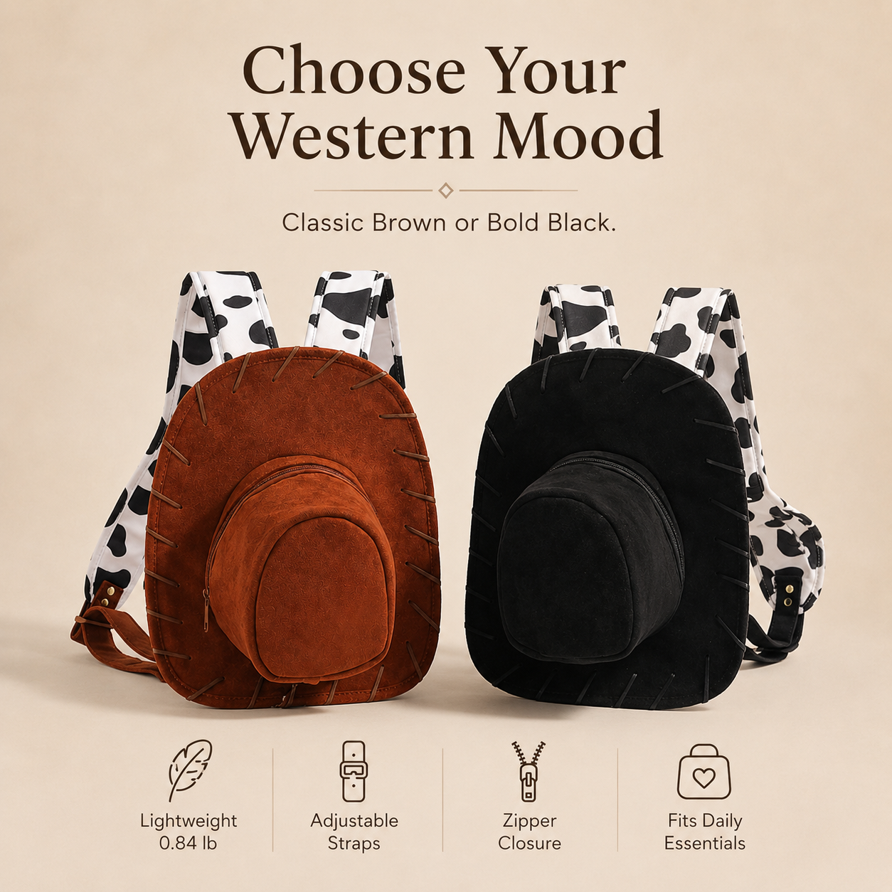 🤠 Western Cowboy Hat Shaped Backpack Cow Print Straps Mini Leather Purse