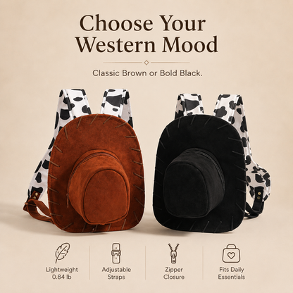 🤠 Western Cowboy Hat Shaped Backpack Cow Print Straps Mini Leather Purse