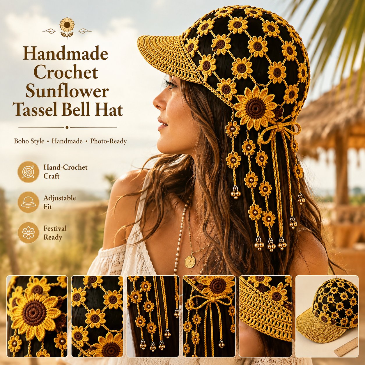 Handmade Crochet Sunflower Tassel Bell Hat | Adjustable Boho Festival Headpiece，Lightweight For Vacation & Photoshoots