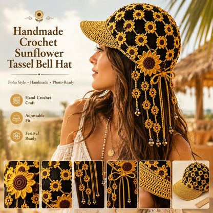 Handmade Crochet Sunflower Tassel Bell Hat | Adjustable Boho Festival Headpiece，Lightweight For Vacation & Photoshoots