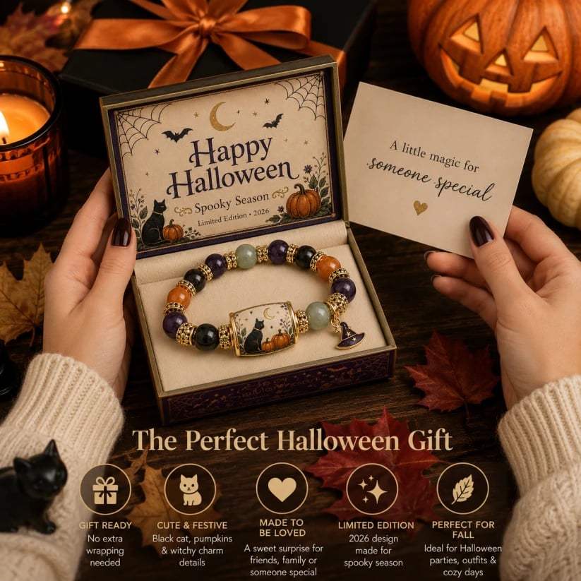 🎃 Limited Edition Halloween Black Cat & Pumpkin Beaded Bracelet Set | Spooky Cute Gift Jewelry