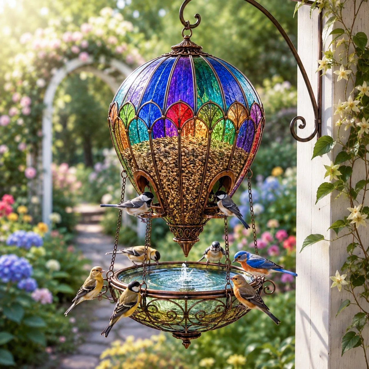 Hot Air Balloon Bird Feeder with Water Tray – Stained-Glass Look Garden Decor