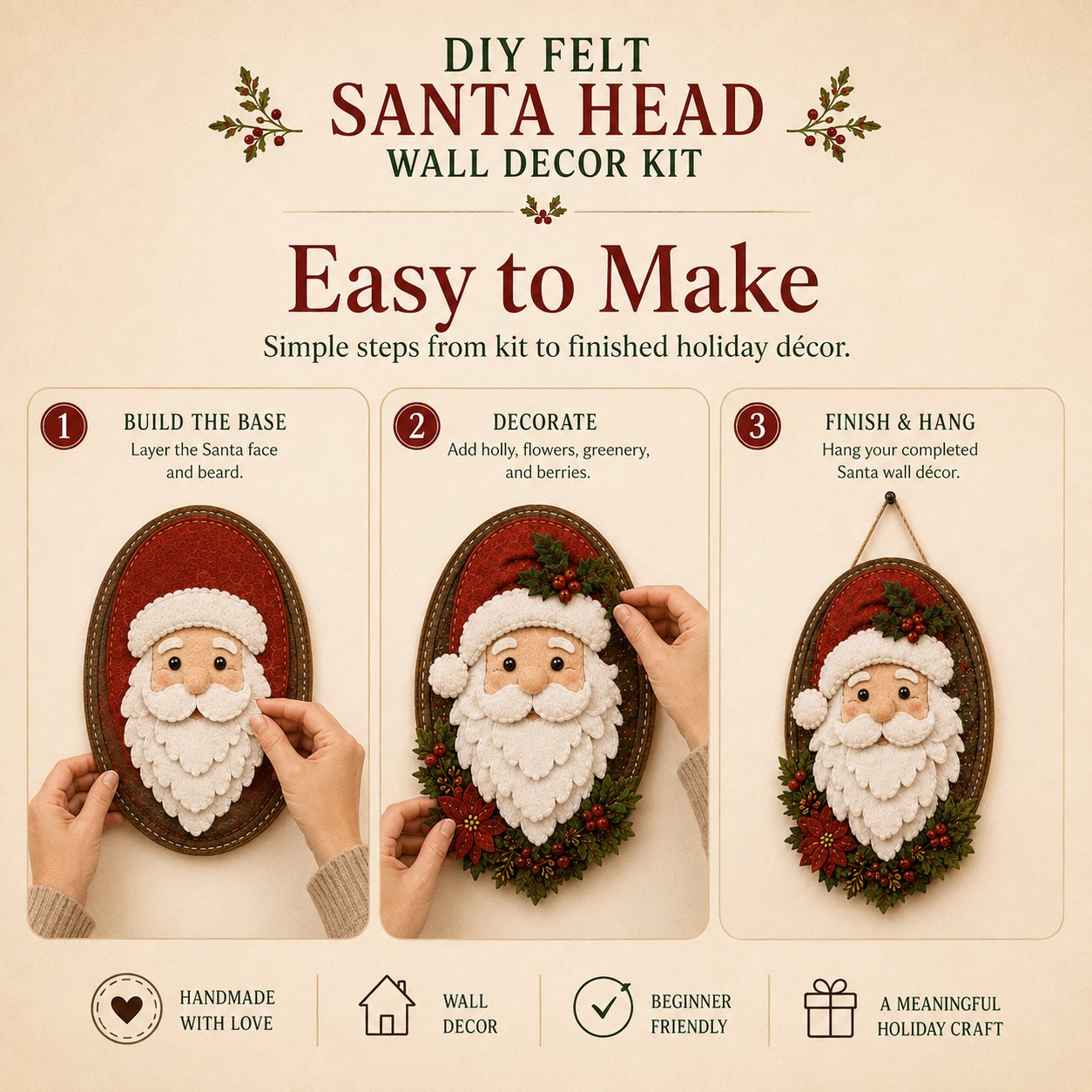 ⏳ Last Day 49% OFF – 🎅 Beginner-Friendly 52-Piece DIY Layered Felt Santa Wall Decor Kit | Complete Kit with All Tools & Step-by-Step Guide Included 💕