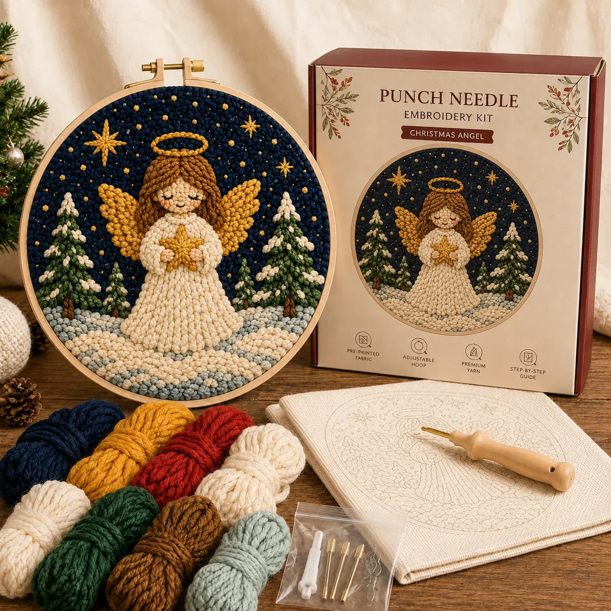 ⏳ Last Day 49% OFF – 🎄Beginner-Friendly Christmas Punch Needle DIY Kit | Complete Kit with Pre-Printed Fabric, Wooden Hoop, Thick Yarn, Punch Needle Tool & Step-by-Step Guide Included 💕