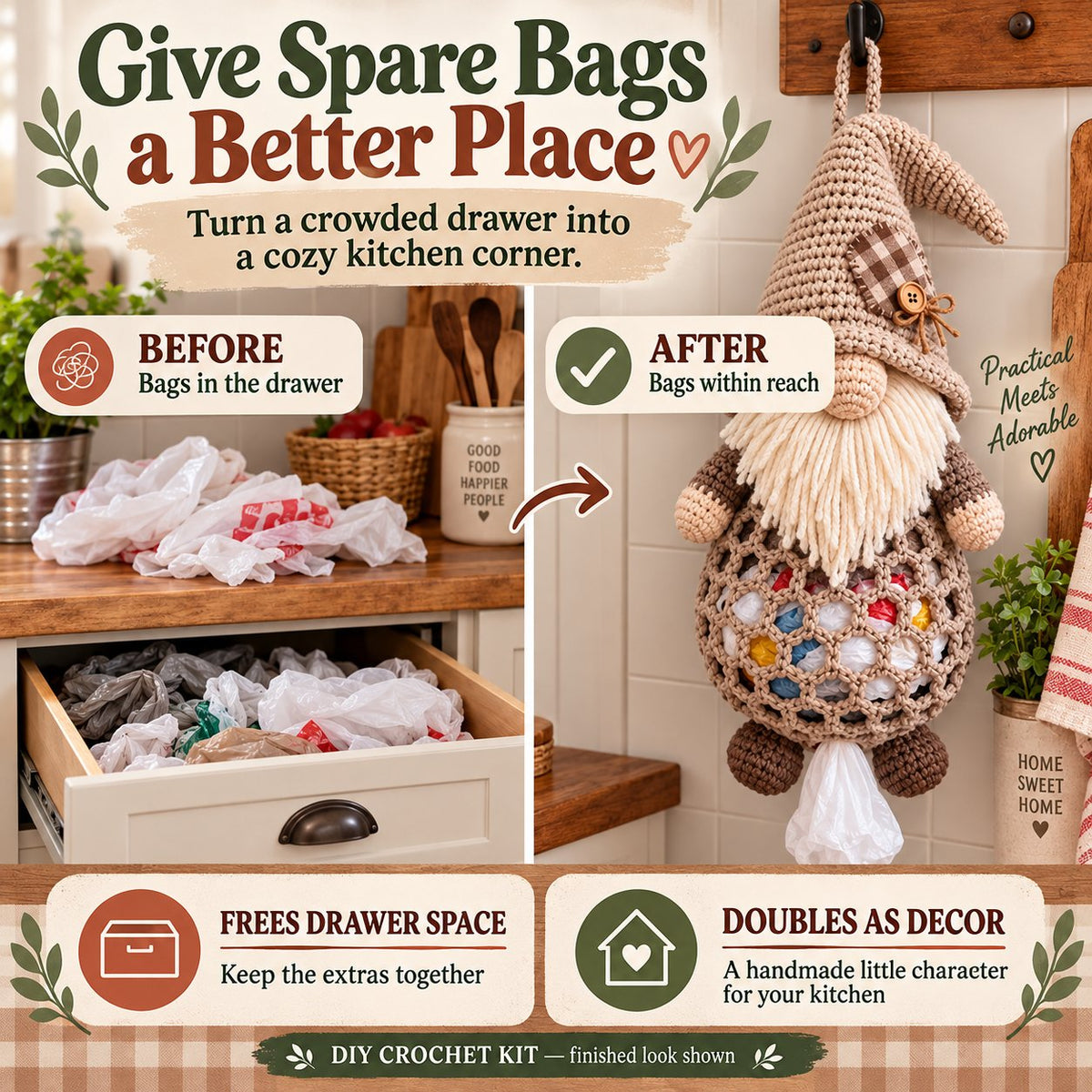 ⏳ Last Day 49% OFF – 🧶 Beginner-Friendly Gnome Crochet Bag Holder DIY Kit | 6 Charming Designs with Yarn, Tools & Guide Included 🍄