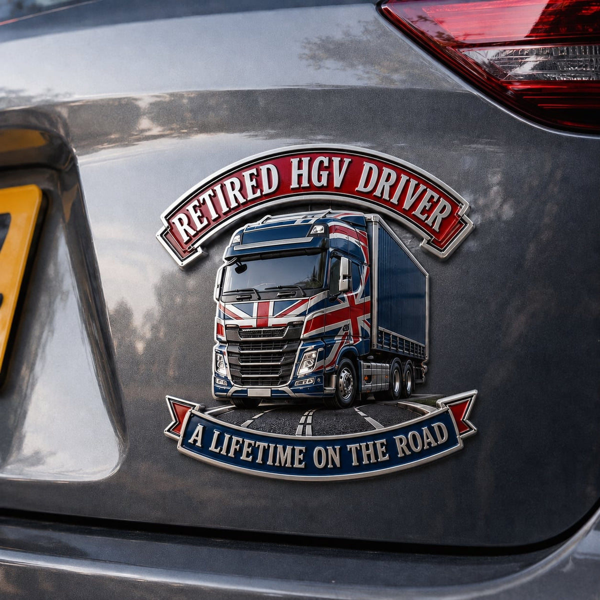 👑🚚British Retired HGV Driver “A Lifetime on the Road” Tribute Metal Car Emblem