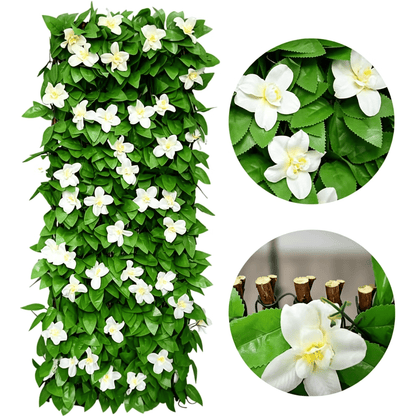 📍Extendable Simulation Rattan Fence with White Flowers Decorating Green Leaves, Stretchable Folding Design, Privacy Shielding Courtyard Balcony Walls, Artificial Green Plants