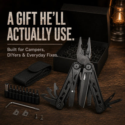 📍🎉 🏕️ 16-in-1 Camping Multi-Tool with Full-Size Scissors & Carrying Pouch