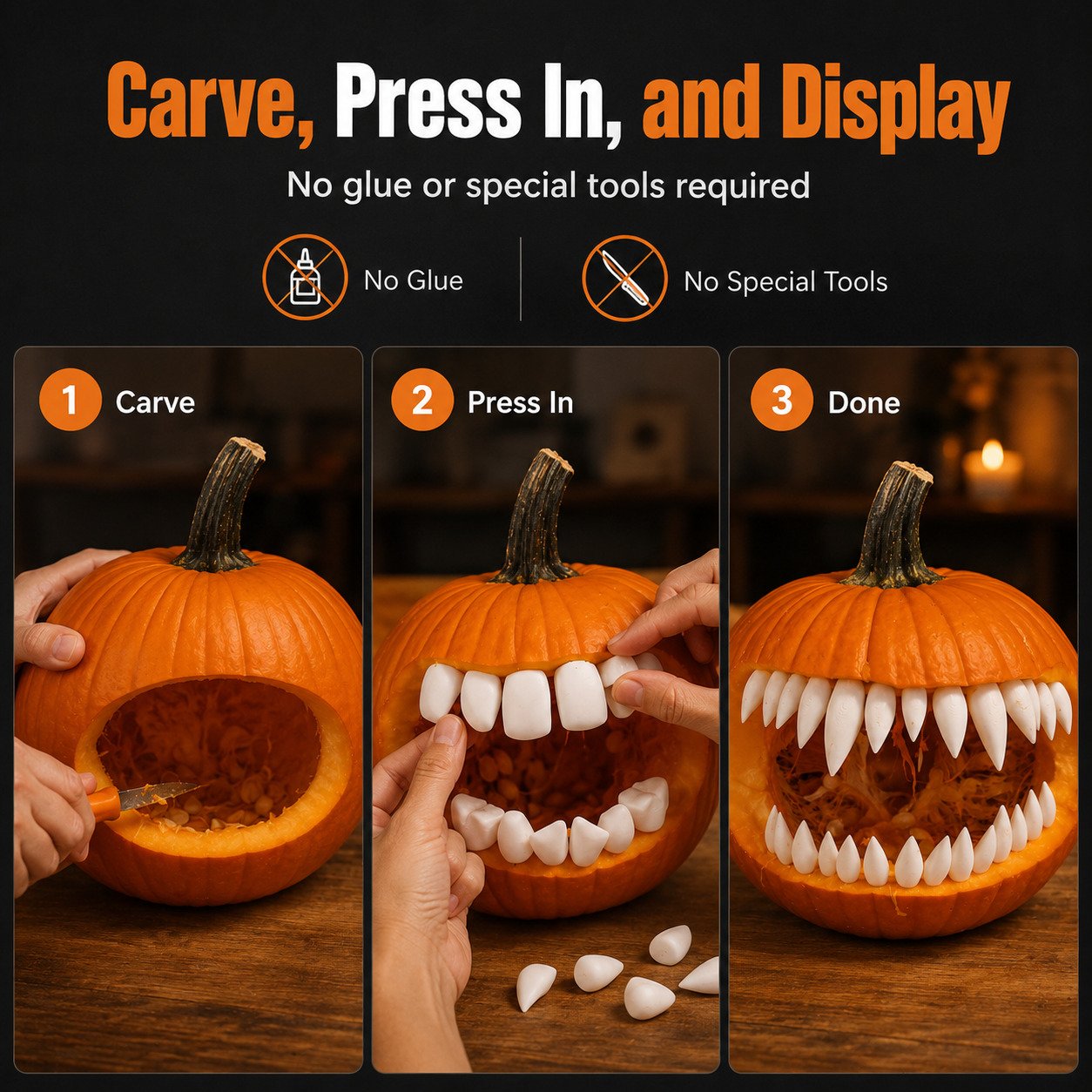 🔥 LAST DAY 49% OFF – 🎃 Monster Grin Pumpkin Decorating Kit | Create Bold 3D Jack-O’-Lantern Faces with Press-In Teeth & Reusable Designs 🦷✨