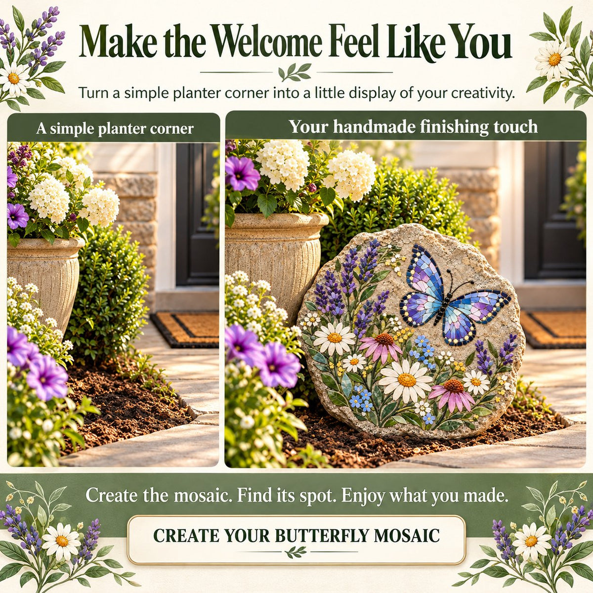 Before and after planter corner with finished butterfly mosaic
