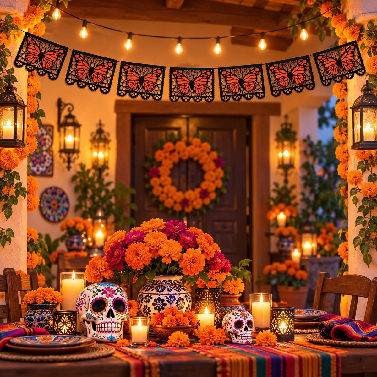 ⏳ Last Day 49% OFF – 🦋 Monarch Butterfly Día de los Muertos Banner | 9.8FT Black & Orange Papel Picado-Style Garland 🌺