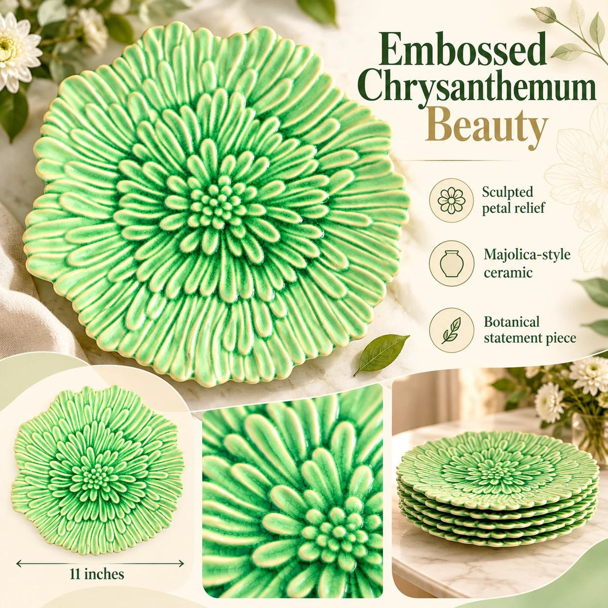 Vintage Green Embossed Chrysanthemum Dinner Plate, Majolica Style Ceramic, 11 Inch