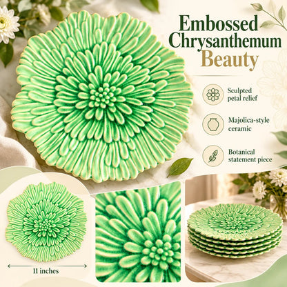 Vintage Green Embossed Chrysanthemum Dinner Plate, Majolica Style Ceramic, 11 Inch