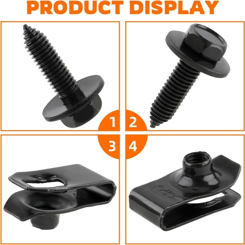 Automotive Universal Screws Black — —  1/4 Body Bolts & U-Nut Clips Kit(50 PCS)