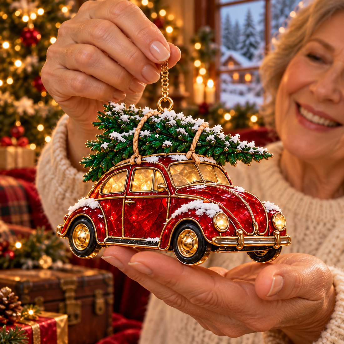 Colorful stained-glass-style Christmas car ornament