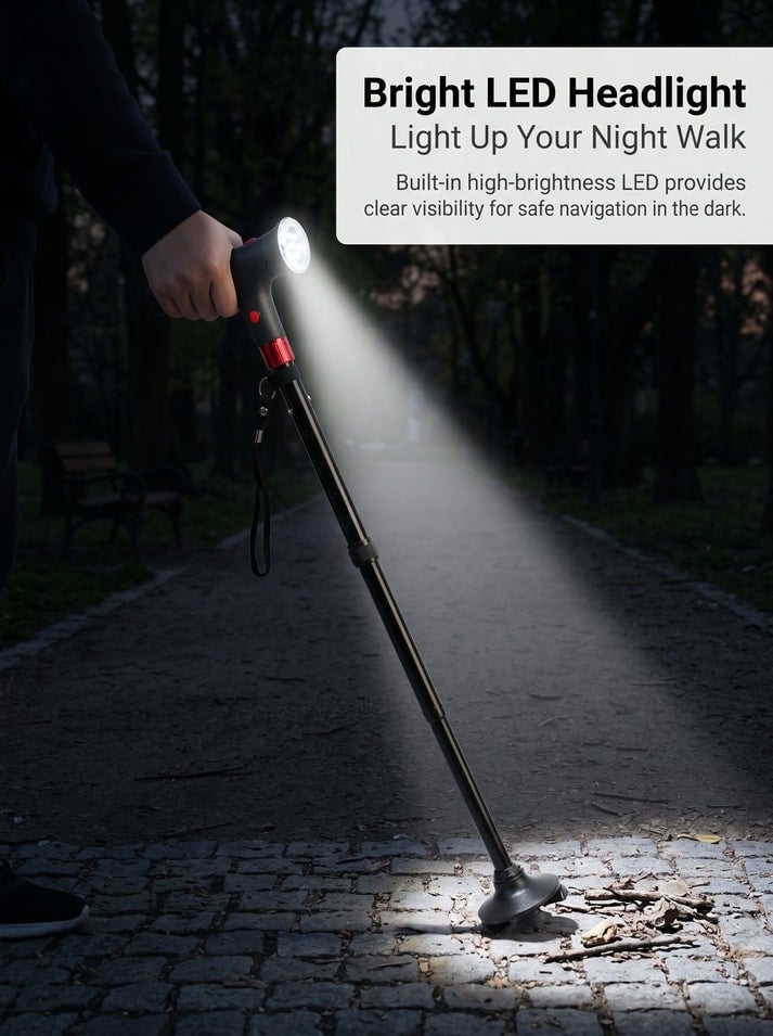 🔥 Must-Have Senior Smart Cane – Foldable Aluminum with LED Light & Quad Anti-Slip Feet